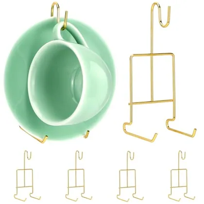 QWORK 6 Pack Gold Tea Cup and Saucer Display Stand Holder Rack for China