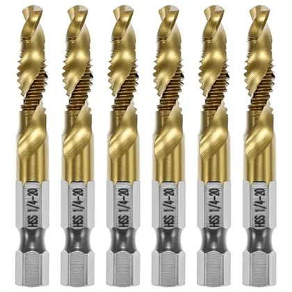 QWORK 6pcs Drill Tap Bit Set 1/4 in-20 UNC Titanium Coated HSS