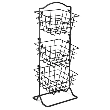 QWORK 3-Tier Metal Wire Market Basket Storage Stand - Adjustable