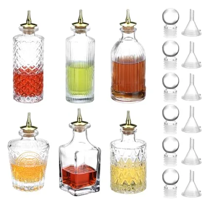 QWORK Glass Bitters Bottle Set of 6 - Zinc Alloy Dash Tops for Home Bars