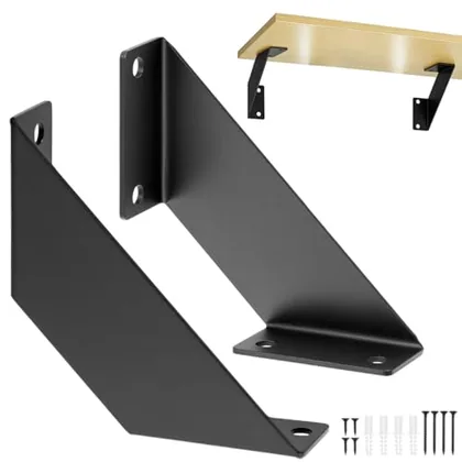 QWORK 2 Pack Black Shelf Brackets - Heavy Duty Solid Iron Wall Shelf